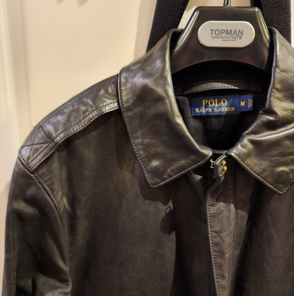 Polo Ralph Lauren Black Leather Bomber Jacket Size Medium